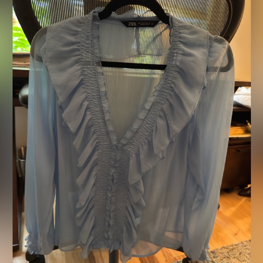 Zara Light Blue Ruffle Blouse